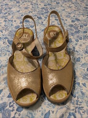 FLY London Gold Glitter Slingback Peep-Toe Wedges